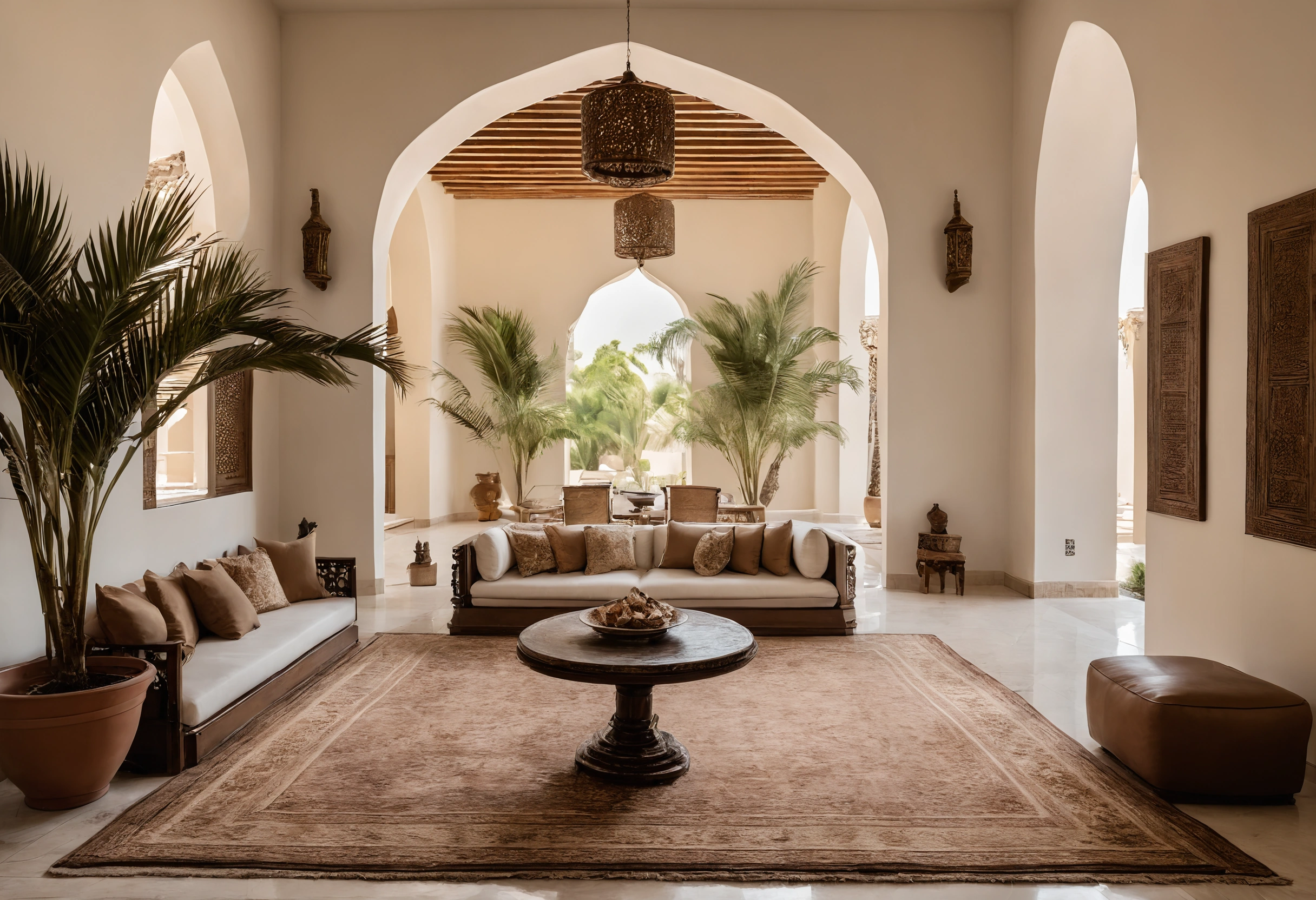 Emirati villa majlis with floor seating carved wooden screens and afternoon light through sheer curtains