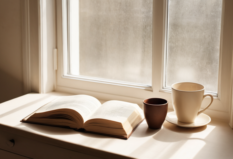 كتاب مفتوح وأكواب بجوار نافذة